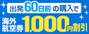 出発60日前の購入で海外航空券1,000円割引