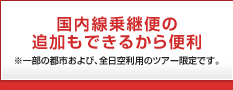 国内線乗継便の追加もできるから便利※一部の都市および、全日空利用のツアー限定です。