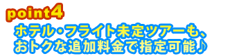 Point4 ホテル・フライト未定ツアーも、おトクな追加料金で指定可能