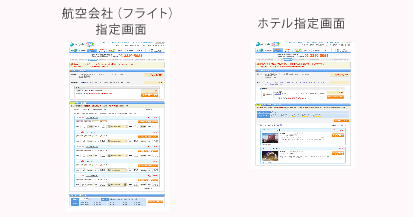 航空会社(フライト)指定画面、ホテル指定画面