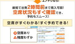 空席がすぐわかる！すぐ予約できる！最短で出発2時間前まで購入可能！空席状況もすぐ確認でき、予約もスムーズ！