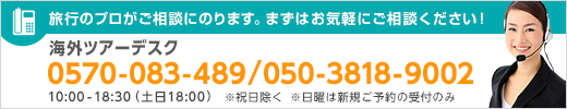 旅行のプロがご相談にのります。まずはお気軽にご相談ください! 海外ツアーデスク 0570-083-489 050-3818-9002 10:00-16:00 ※祝日除く ※日曜は新規ご予約の受付のみ