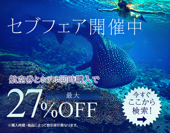 セブフェア開催中 航空券とホテル同時購入で最大27％OFF 今すぐここから検索！ ※購入時期・商品によって割引率が異なります。