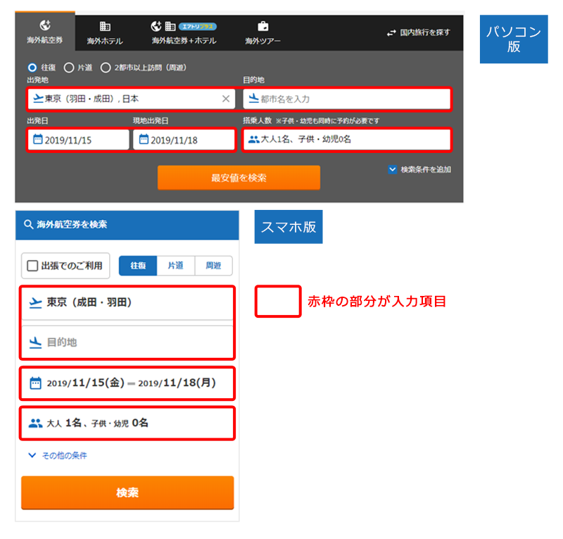 エアトリの航空券検索窓に入力する項目